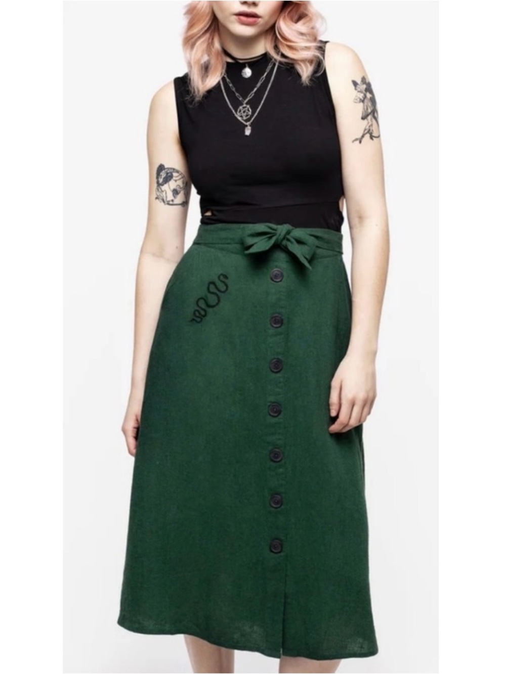 Disturbia Baslisk Linen Button Up Midi Skirt 12